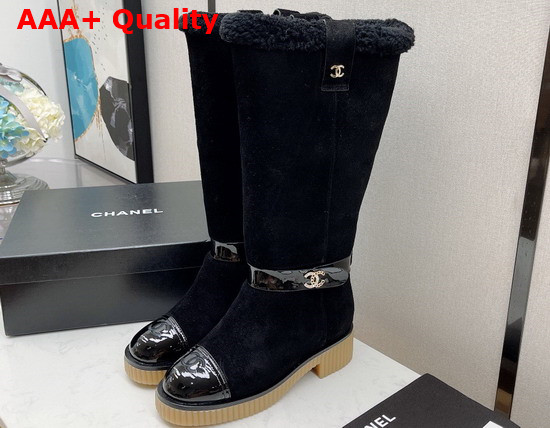 Chanel High Boots in Black Suede with Shearling Lining Replica