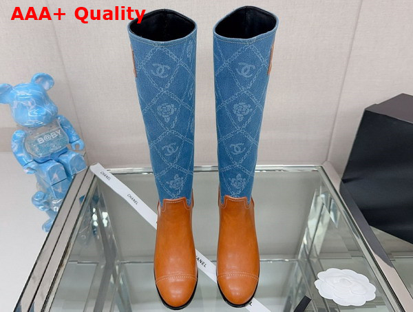 Chanel High Boots in Blue and Brown Denim and Calfskin Replica