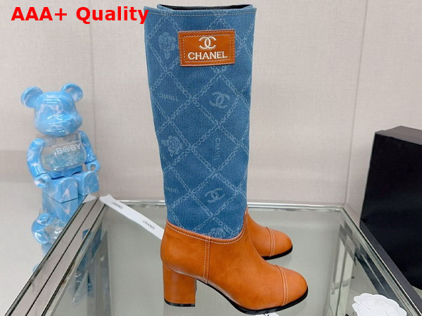 Chanel High Boots in Blue and Brown Denim and Calfskin Replica