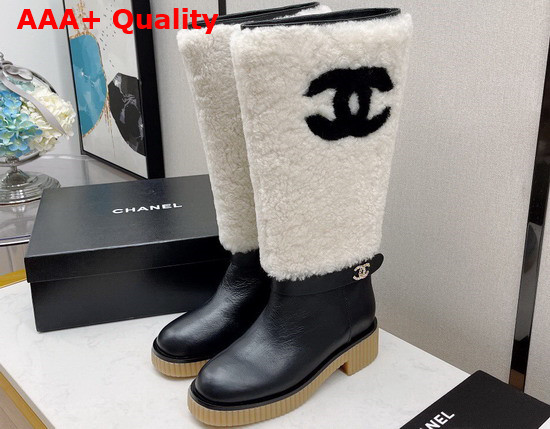 Chanel High Boots in Calfskin and Shearling Black and White Replica