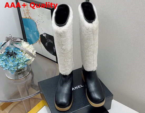 Chanel High Boots in Calfskin and Shearling Black and White Replica