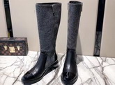 Chanel High Boots in Grey Fabric and Black Calfskin