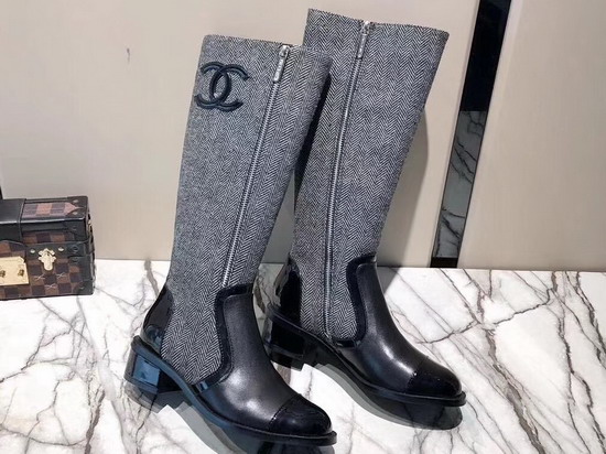 Chanel High Boots in Grey Fabric and Black Calfskin