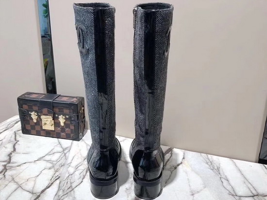 Chanel High Boots in Grey Fabric and Black Calfskin