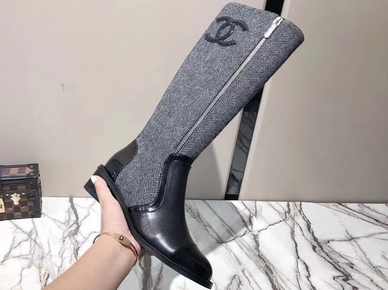 Chanel High Boots in Grey Fabric and Black Calfskin