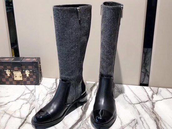 Chanel High Boots in Grey Fabric and Black Calfskin