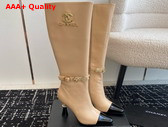 Chanel High Boots with Metal Flowers and Chanel Letter Logo Beige Lambskin Replica