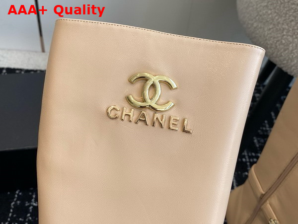 Chanel High Boots with Metal Flowers and Chanel Letter Logo Beige Lambskin Replica