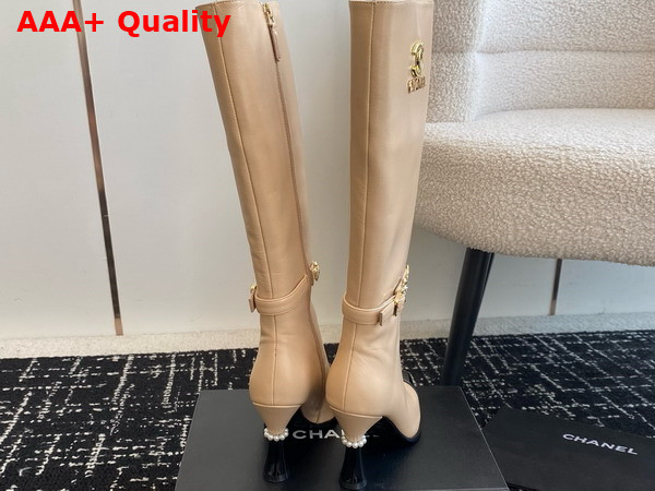 Chanel High Boots with Metal Flowers and Chanel Letter Logo Beige Lambskin Replica