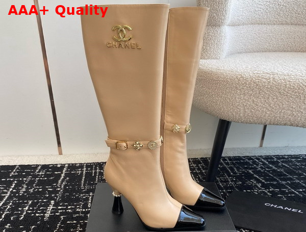 Chanel High Boots with Metal Flowers and Chanel Letter Logo Beige Lambskin Replica