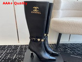 Chanel High Boots with Metal Flowers and Chanel Letter Logo Black Lambskin Replica