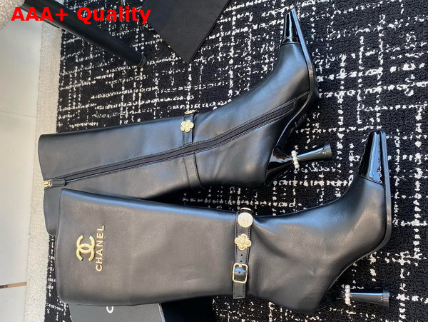 Chanel High Boots with Metal Flowers and Chanel Letter Logo Black Lambskin Replica