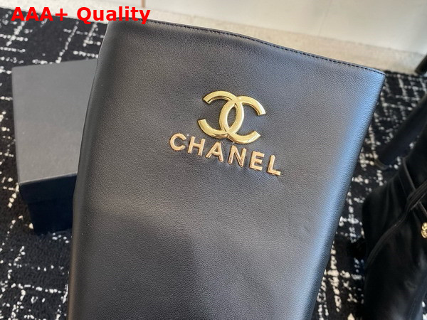 Chanel High Boots with Metal Flowers and Chanel Letter Logo Black Lambskin Replica