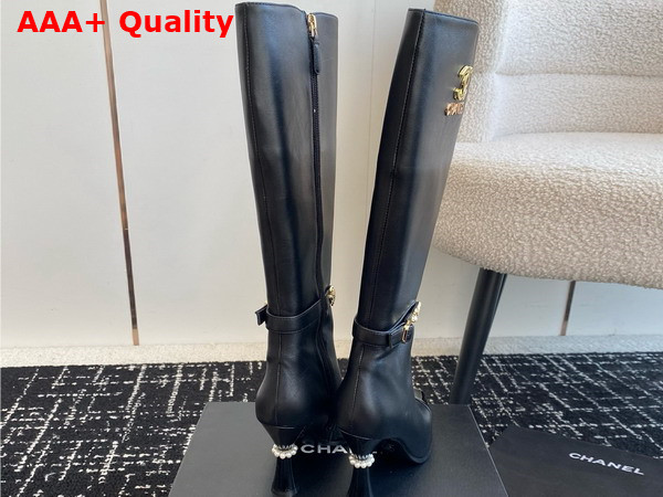 Chanel High Boots with Metal Flowers and Chanel Letter Logo Black Lambskin Replica