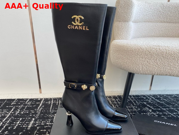 Chanel High Boots with Metal Flowers and Chanel Letter Logo Black Lambskin Replica