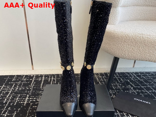 Chanel High Boots with Metal Flowers and Chanel Letter Logo Black Sequins Replica