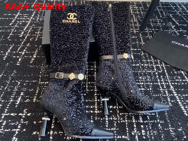 Chanel High Boots with Metal Flowers and Chanel Letter Logo Black Sequins Replica