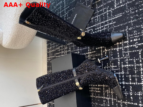 Chanel High Boots with Metal Flowers and Chanel Letter Logo Black Sequins Replica