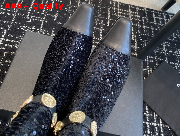 Chanel High Boots with Metal Flowers and Chanel Letter Logo Black Sequins Replica