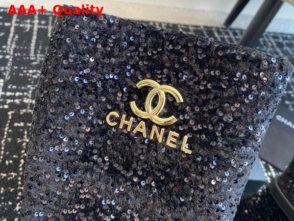 Chanel High Boots with Metal Flowers and Chanel Letter Logo Black Sequins Replica