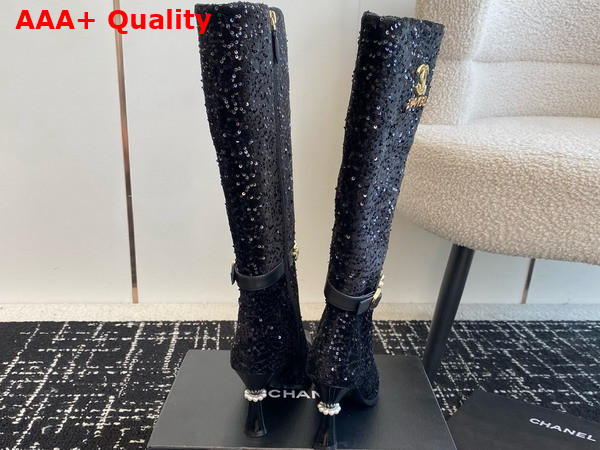 Chanel High Boots with Metal Flowers and Chanel Letter Logo Black Sequins Replica