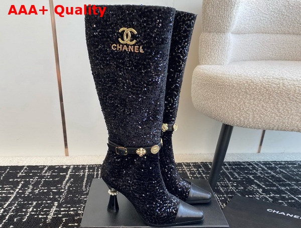 Chanel High Boots with Metal Flowers and Chanel Letter Logo Black Sequins Replica