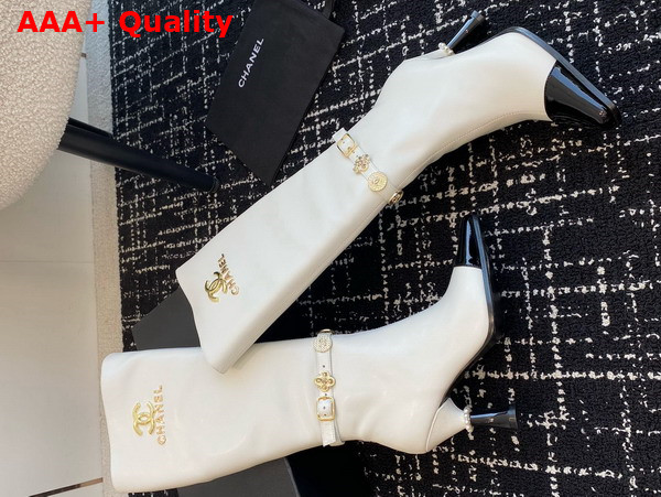 Chanel High Boots with Metal Flowers and Chanel Letter Logo White Lambskin Replica