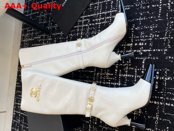 Chanel High Boots with Metal Flowers and Chanel Letter Logo White Lambskin Replica