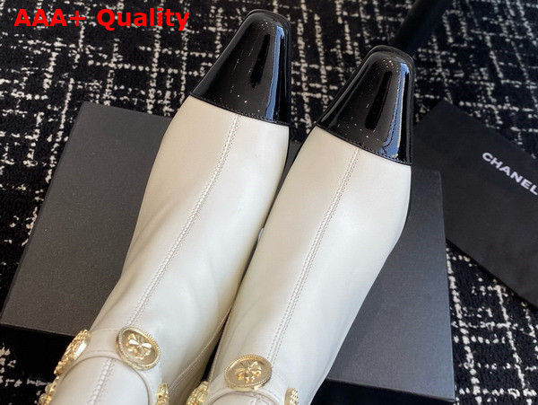 Chanel High Boots with Metal Flowers and Chanel Letter Logo White Lambskin Replica