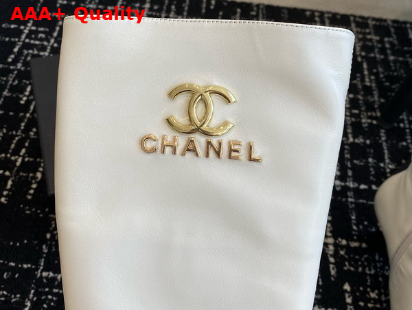 Chanel High Boots with Metal Flowers and Chanel Letter Logo White Lambskin Replica