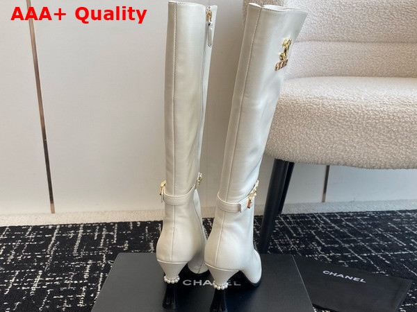 Chanel High Boots with Metal Flowers and Chanel Letter Logo White Lambskin Replica