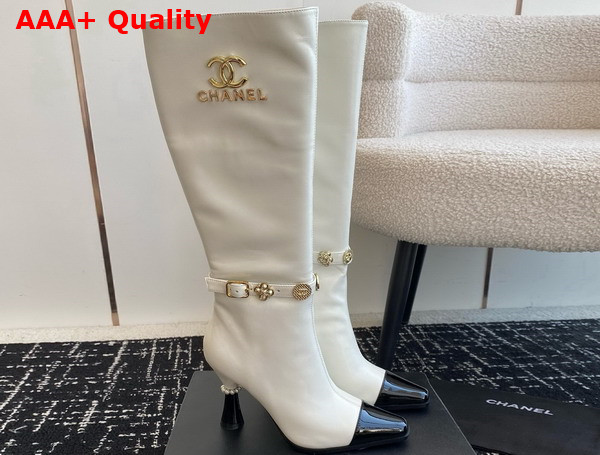 Chanel High Boots with Metal Flowers and Chanel Letter Logo White Lambskin Replica