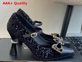 Chanel High Heel Pump with a Leather Bow on the Front Black Sequins Replica