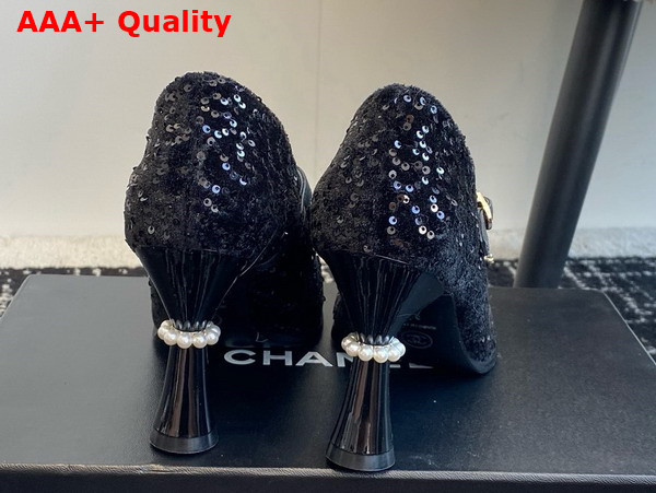 Chanel High Heel Pump with a Leather Bow on the Front Black Sequins Replica