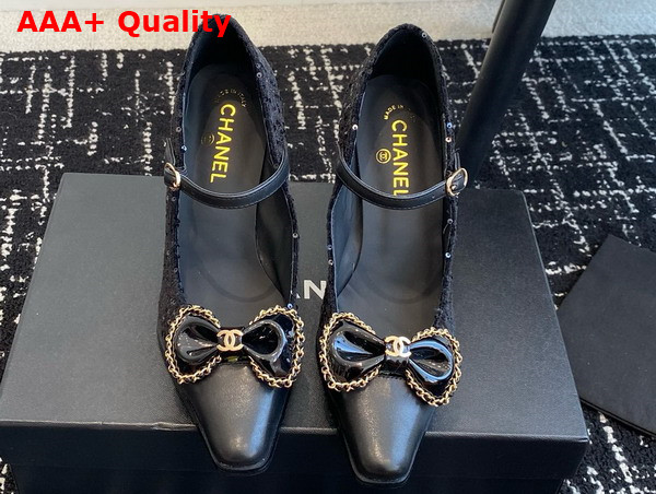 Chanel High Heel Pump with a Leather Bow on the Front Black Sequins Replica