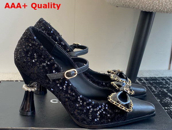 Chanel High Heel Pump with a Leather Bow on the Front Black Sequins Replica