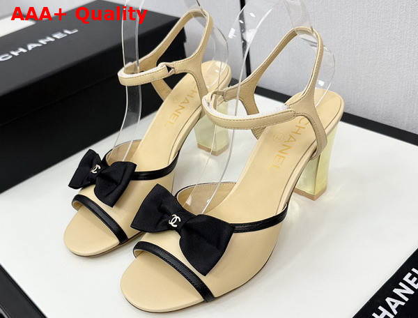 Chanel High Heel Sandals Lambskin and Grosgrain Beige and Black G45690 Replica