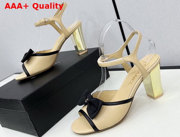 Chanel High Heel Sandals Lambskin and Grosgrain Beige and Black G45690 Replica