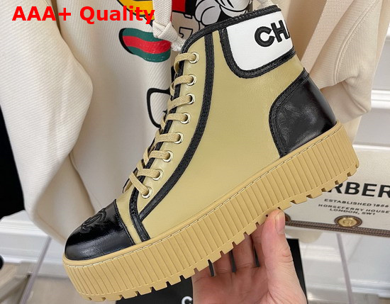 Chanel High Top Sneaker Beige and Black Calfskin Replica