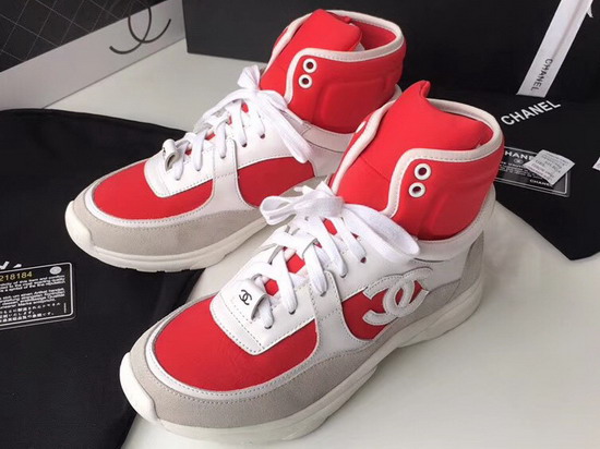 Chanel High Top Sneaker Red Calfskin and Suede Calfskin