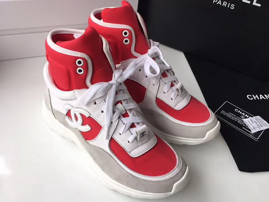 Chanel High Top Sneaker Red Calfskin and Suede Calfskin