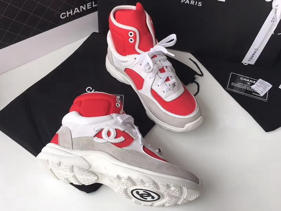 Chanel High Top Sneaker Red Calfskin and Suede Calfskin