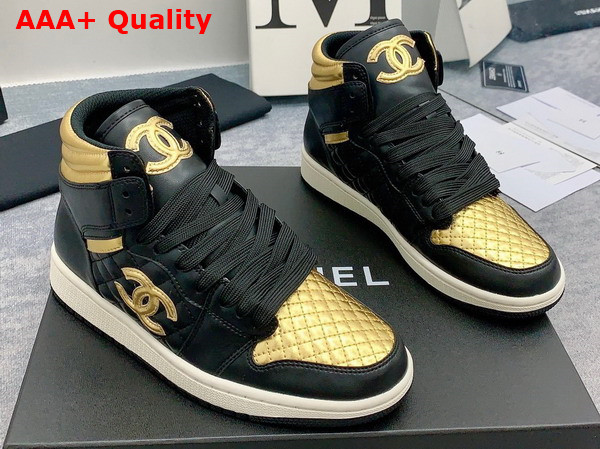 Chanel High Top Sneaker in Black and Light Gold Calfskin Replica