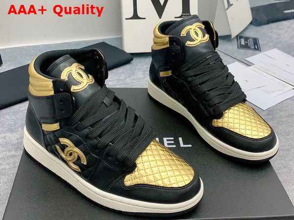 Chanel High Top Sneaker in Black and Light Gold Calfskin Replica