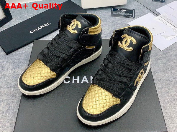 Chanel High Top Sneaker in Black and Light Gold Calfskin Replica