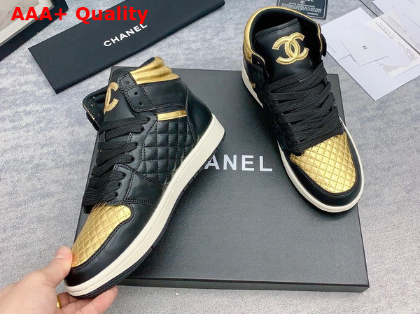 Chanel High Top Sneaker in Black and Light Gold Calfskin Replica