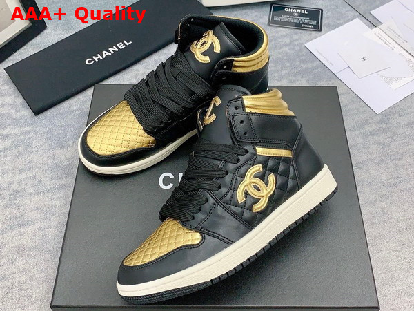 Chanel High Top Sneaker in Black and Light Gold Calfskin Replica