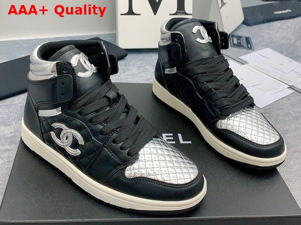 Chanel High Top Sneaker in Black and Silver Calfskin Replica