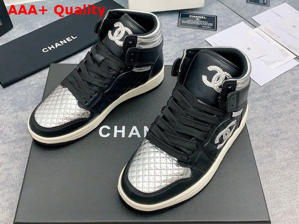 Chanel High Top Sneaker in Black and Silver Calfskin Replica