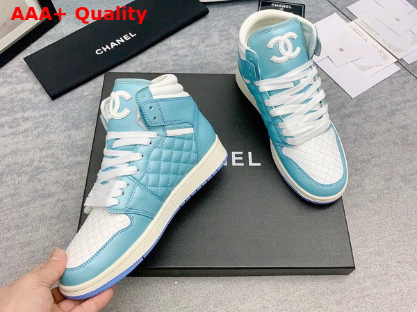 Chanel High Top Sneaker in Sky Blue and White Calfskin Replica